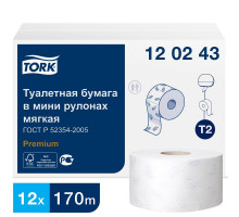 Бумага туалетная в рулонах Tork Premium T2 2-слойная 12 рулонов по 170 метров (артикул производителя 120243)