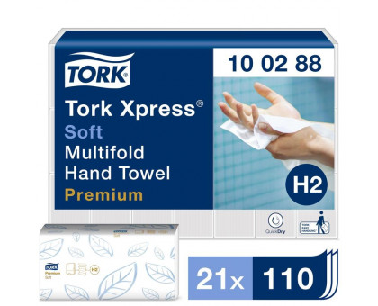 Полотенца бумажные листовые Tork Premium H2 М-сложения 2-слойные 21 пачка по 110 листов (артикул производителя 100288)