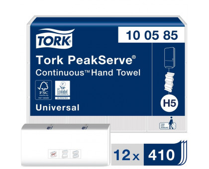 Полотенца бумажные листовые Tork PeakServe Н5 Universal Z-сложения 1-слойные 12 пачек по 410 листов (артикул производителя 100585)