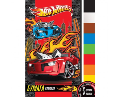 Бумага цветная Эврика Mattel Hot Wheels А4 8 цветов 8 листов немелованная